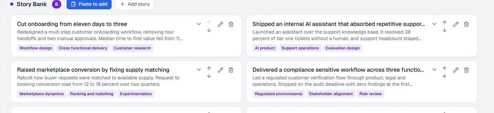 The story bank. Six achievements laid out two across, each with a title, an outcome carrying a number, and the skills it demonstrates as tags: onboarding cut from eleven days to three, an assistant that resolved 38 percent of tier one tickets without a human, marketplace conversion raised from 12 to 19 percent.